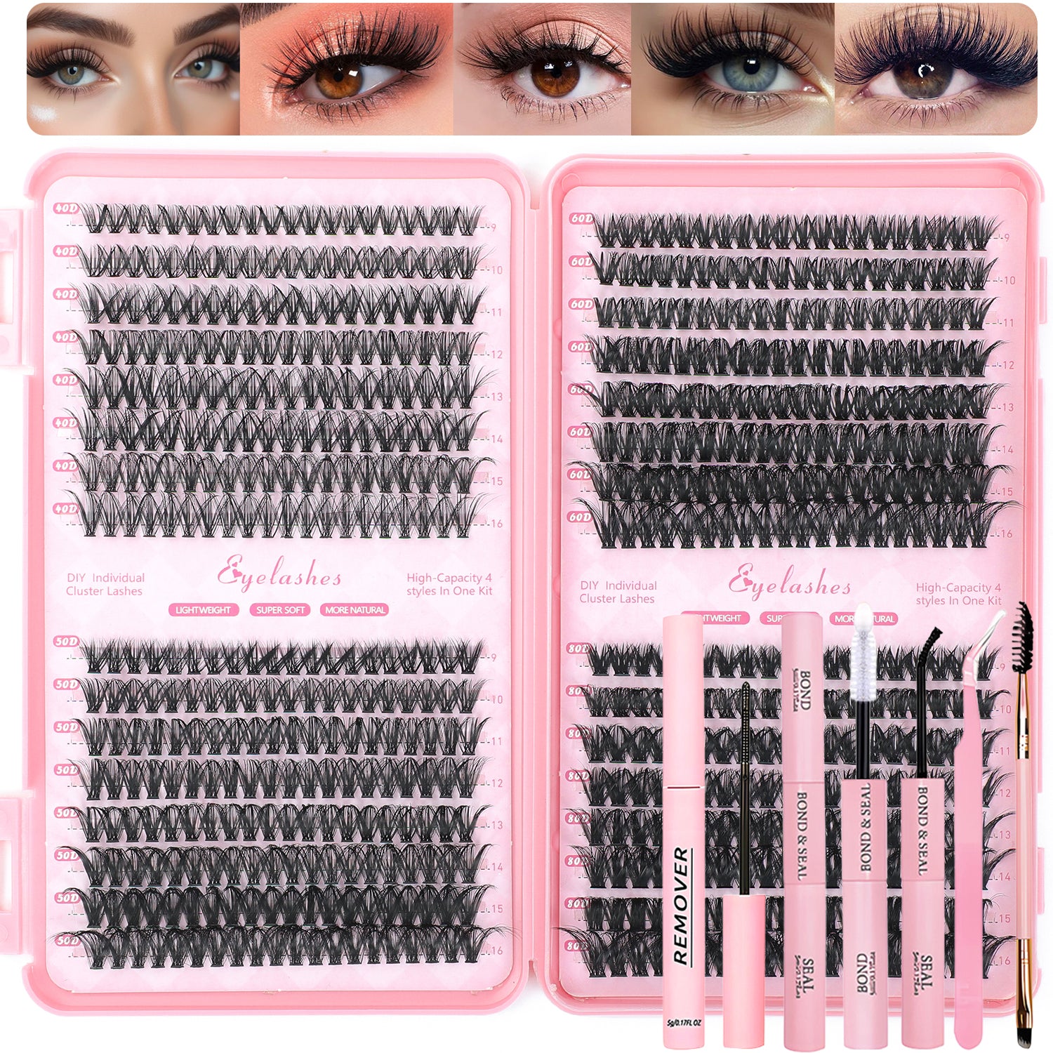 Lash Clusters Kit, 640 Pcs Eyelashes Clusters Extensions Kit 9-16mm Individual Lashes D Curl Fluffy Wispy False Eyelashes Thin Band, with Bond Seal Remover Tweezers Brush DIY (40D+50D Kit 9-16mm)