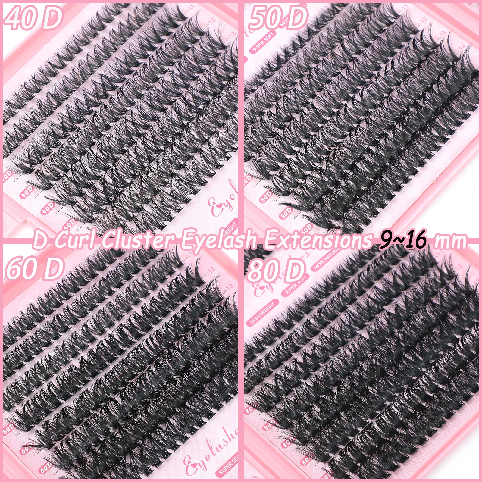 Lash Clusters Kit, 640 Pcs Eyelashes Clusters Extensions Kit 9-16mm Individual Lashes D Curl Fluffy Wispy False Eyelashes Thin Band, with Bond Seal Remover Tweezers Brush DIY (40D+50D Kit 9-16mm)