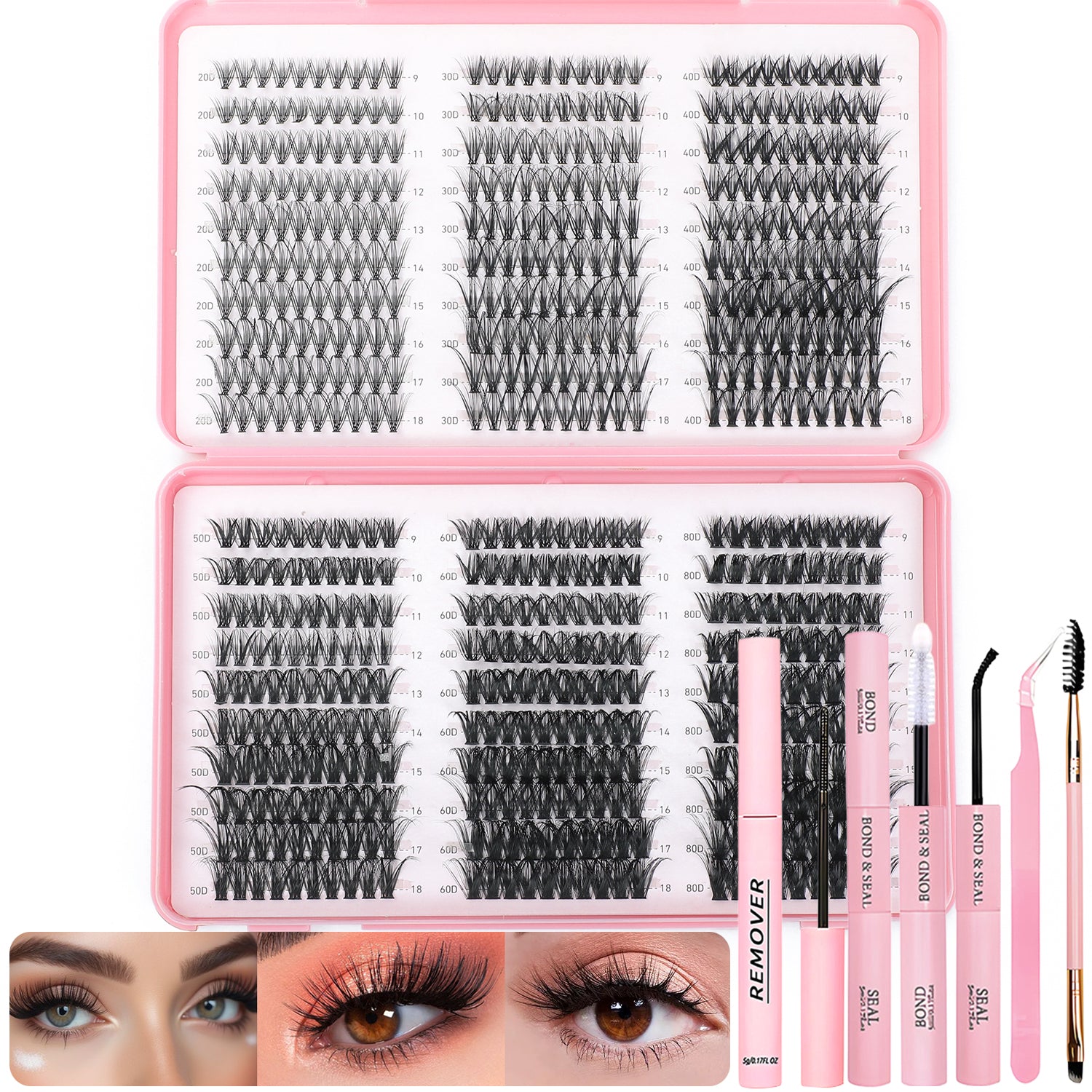 Lash Clusters Kit, 600 Pcs Eyelashes Clusters Extensions Kit 9-18mm Individual Lashes D Curl Fluffy Wispy False Eyelashes, with Bond Seal Remover Tweezers Brush DIY (20D+30D+40D+50D+60D+80D Kit)