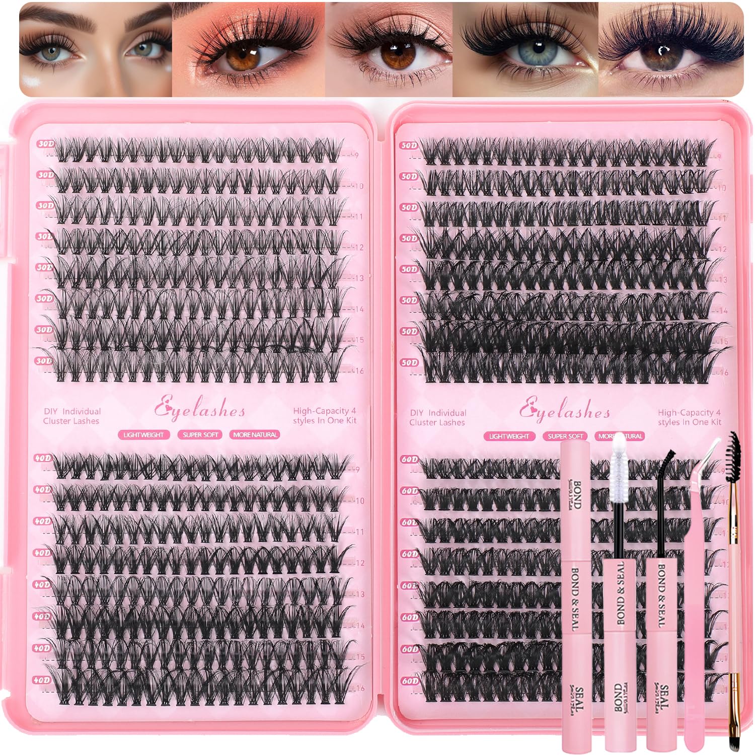 Lash Clusters Kit, 640 Pcs Eyelashes Clusters Extensions Kit 9-16mm Individual Lashes D Curl Fluffy Wispy False Eyelashes Thin Band, with Bond Seal Tweezers Brush DIY (30D+40D+50D+60D Kit 9-16mm)