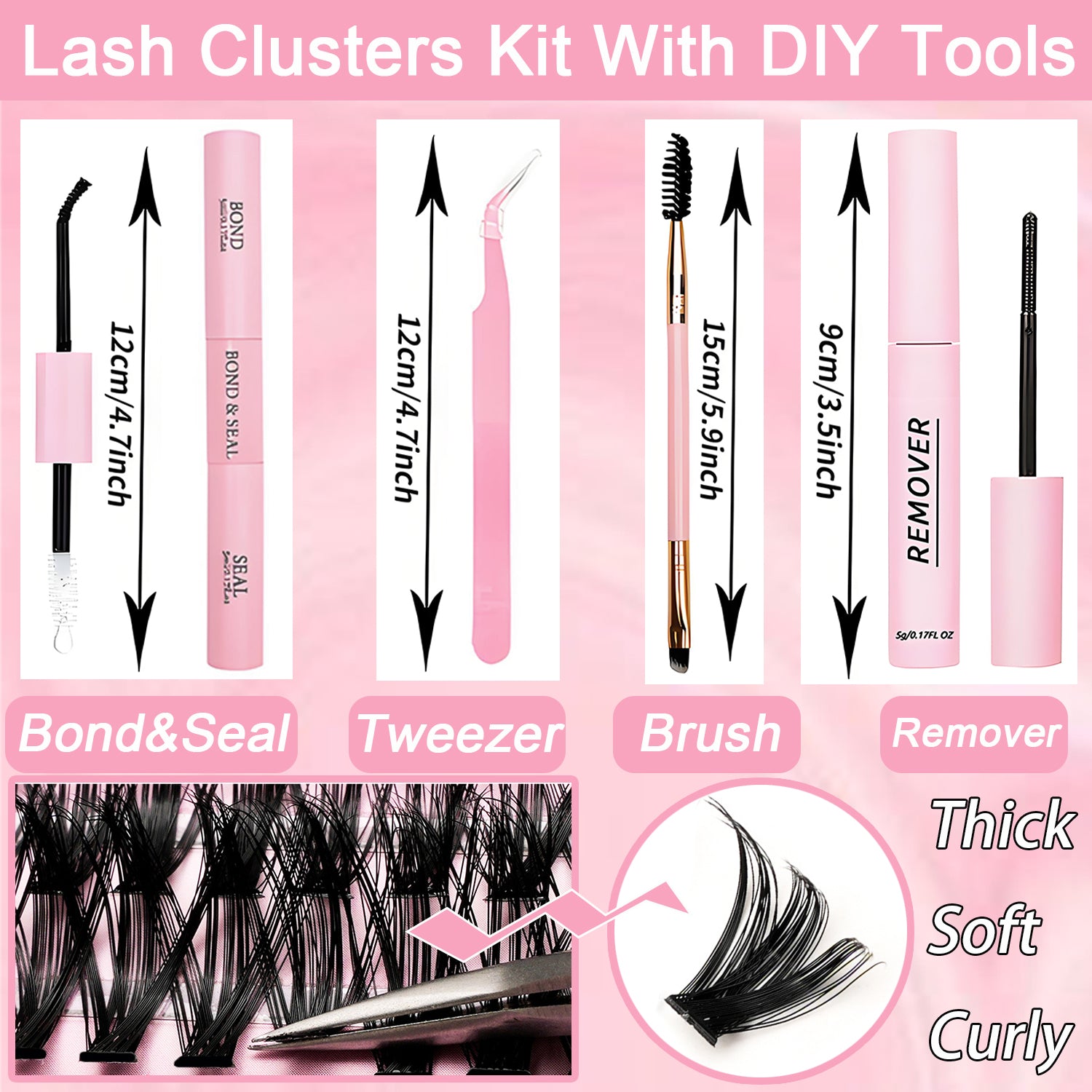 Lash Clusters Kit, 640 Pcs Eyelashes Clusters Extensions Kit 9-16mm Individual Lashes D Curl Fluffy Wispy False Eyelashes Thin Band, with Bond Seal Remover Tweezers Brush DIY (40D+50D Kit 9-16mm)